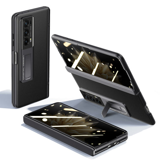For Honor Magic V2 5G PU Leather Coated PC Skin-touch Case Hinge Protection Kickstand Phone Cover with Privacy Tempered Glass Film