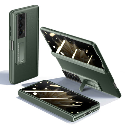 For Honor Magic V2 5G PU Leather Coated PC Skin-touch Case Hinge Protection Kickstand Phone Cover with Privacy Tempered Glass Film