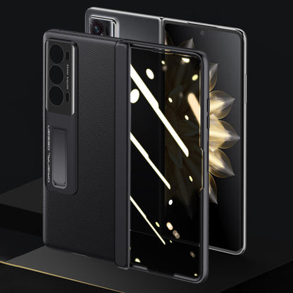 For Honor Magic V2 5G PU Leather Coated PC Skin-touch Case Hinge Protection Kickstand Phone Cover with Privacy Tempered Glass Film