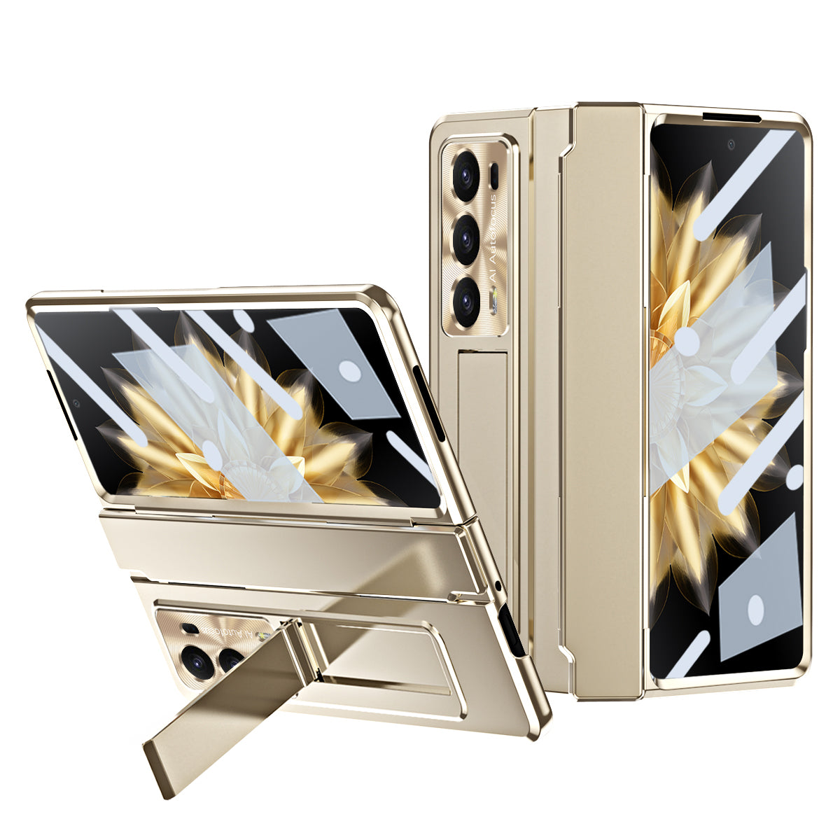 For Honor Magic V2 5G Hinge Protection Hard PC Case Kickstand Phone Cover with Tempered Glass Screen Film
