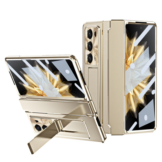 For Honor Magic V2 5G Hinge Protection Hard PC Case Kickstand Phone Cover with Tempered Glass Screen Film