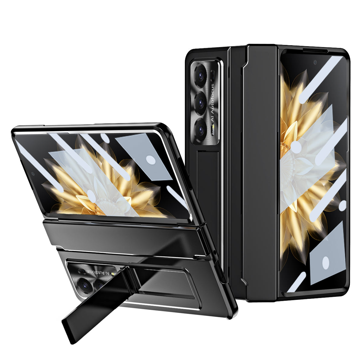 For Honor Magic V2 5G Hinge Protection Hard PC Case Kickstand Phone Cover with Tempered Glass Screen Film