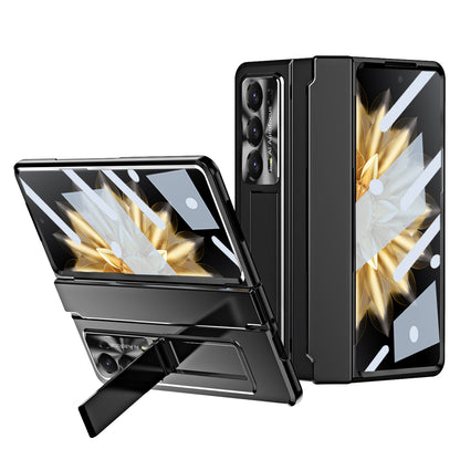 For Honor Magic V2 5G Hinge Protection Hard PC Case Kickstand Phone Cover with Tempered Glass Screen Film