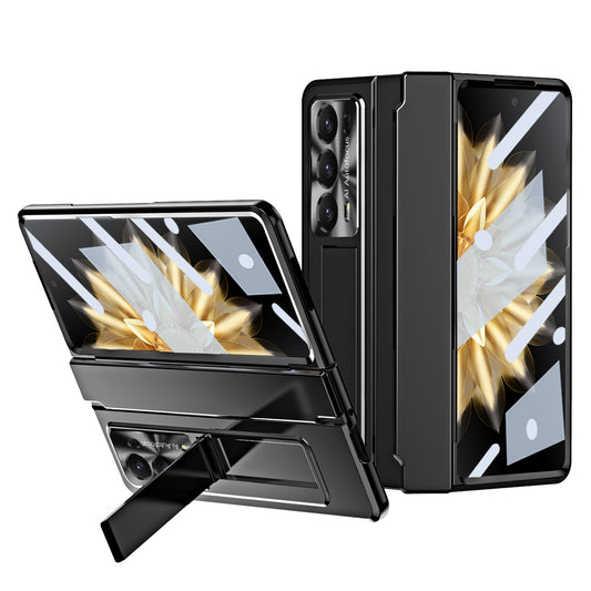 For Honor Magic V2 5G Hinge Protection Hard PC Case Kickstand Phone Cover with Tempered Glass Screen Film