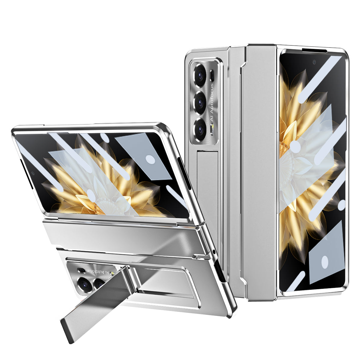 For Honor Magic V2 5G Hinge Protection Hard PC Case Kickstand Phone Cover with Tempered Glass Screen Film