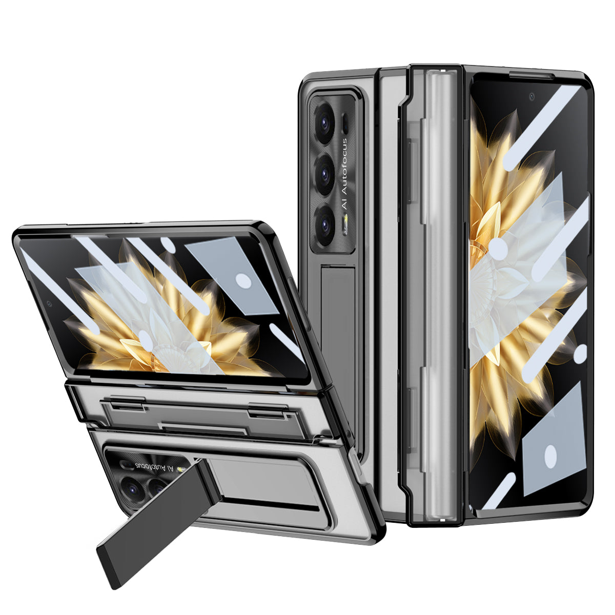 For Honor Magic V2 5G Hard PC Phone Case Folding Kickstand Full Body Protection Cover with Tempered Glass Film