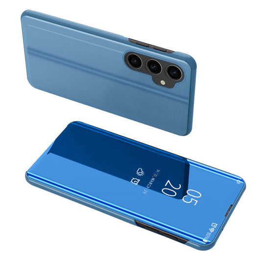 Mirror Surface Shell for Samsung Galaxy S23 FE , Electroplating View Window PU Leather Case Phone Stand Cover