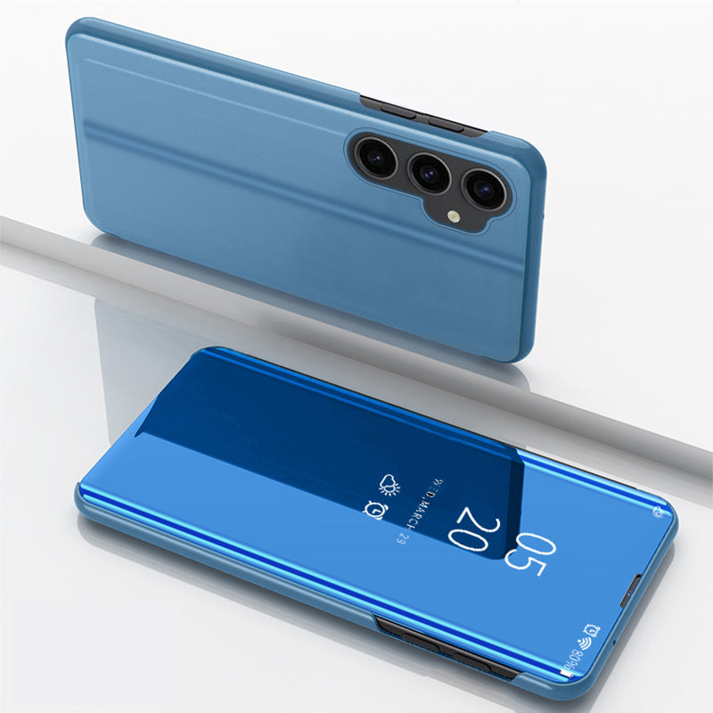 Mirror Surface Shell for Samsung Galaxy S23 FE , Electroplating View Window PU Leather Case Phone Stand Cover