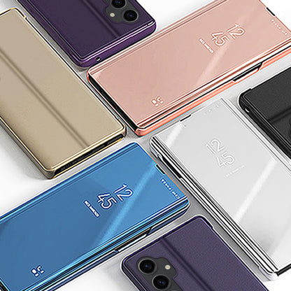 Mirror Surface Shell for Samsung Galaxy S23 FE , Electroplating View Window PU Leather Case Phone Stand Cover