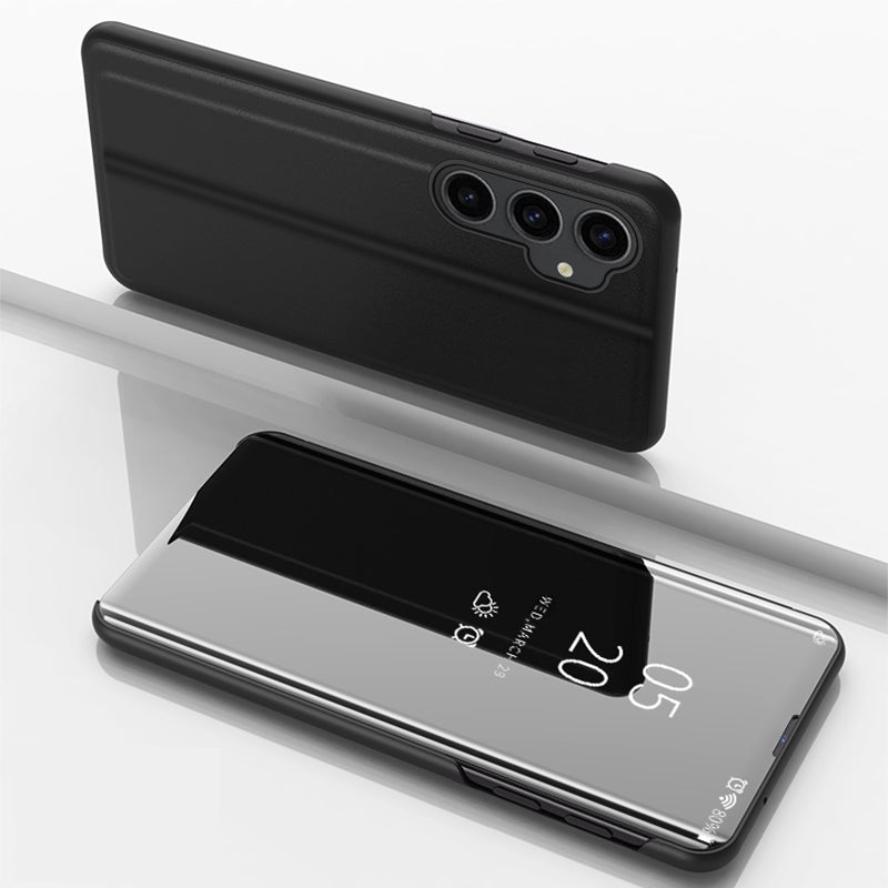 Mirror Surface Shell for Samsung Galaxy S23 FE , Electroplating View Window PU Leather Case Phone Stand Cover