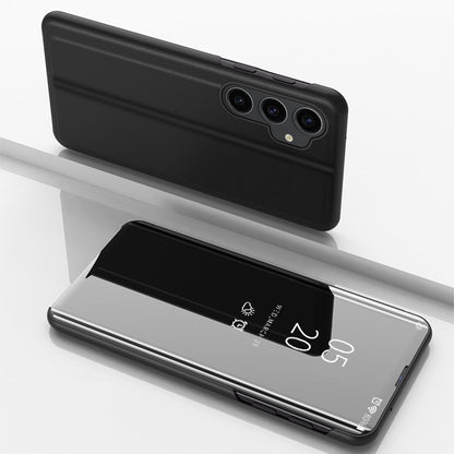 Mirror Surface Shell for Samsung Galaxy S23 FE , Electroplating View Window PU Leather Case Phone Stand Cover