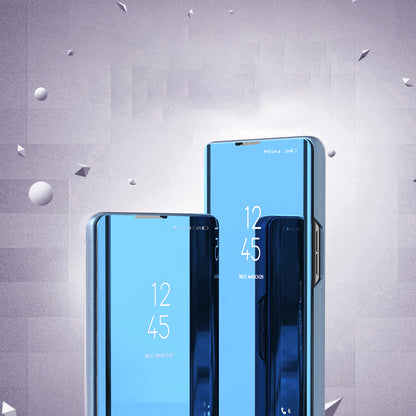 Mirror Surface Shell for Samsung Galaxy S23 FE , Electroplating View Window PU Leather Case Phone Stand Cover