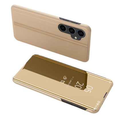 Mirror Surface Shell for Samsung Galaxy S23 FE , Electroplating View Window PU Leather Case Phone Stand Cover
