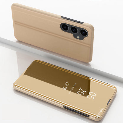 Mirror Surface Shell for Samsung Galaxy S23 FE , Electroplating View Window PU Leather Case Phone Stand Cover