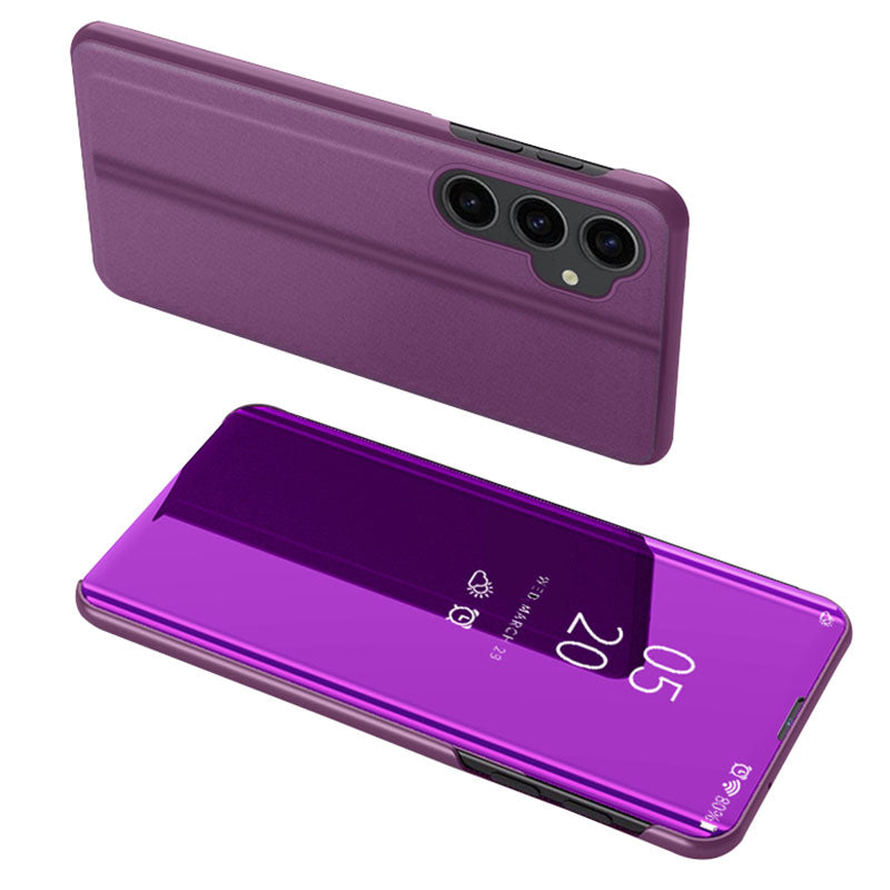 Mirror Surface Shell for Samsung Galaxy S23 FE , Electroplating View Window PU Leather Case Phone Stand Cover