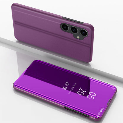 Mirror Surface Shell for Samsung Galaxy S23 FE , Electroplating View Window PU Leather Case Phone Stand Cover