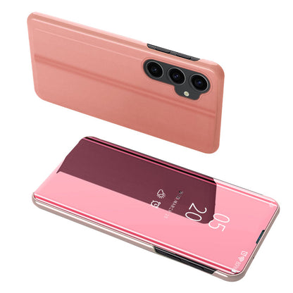 Mirror Surface Shell for Samsung Galaxy S23 FE , Electroplating View Window PU Leather Case Phone Stand Cover
