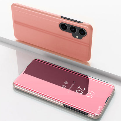Mirror Surface Shell for Samsung Galaxy S23 FE , Electroplating View Window PU Leather Case Phone Stand Cover