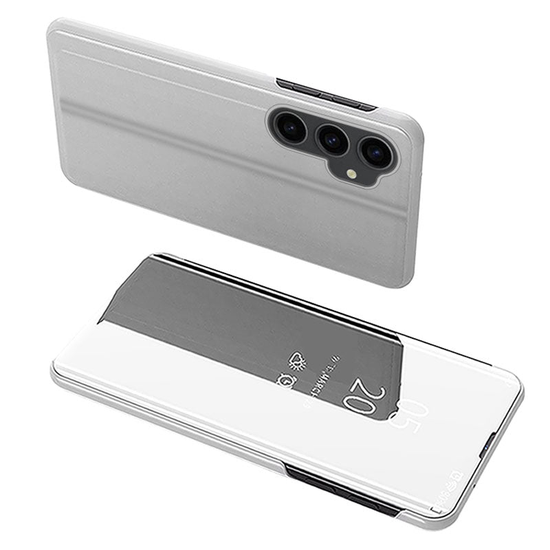 Mirror Surface Shell for Samsung Galaxy S23 FE , Electroplating View Window PU Leather Case Phone Stand Cover