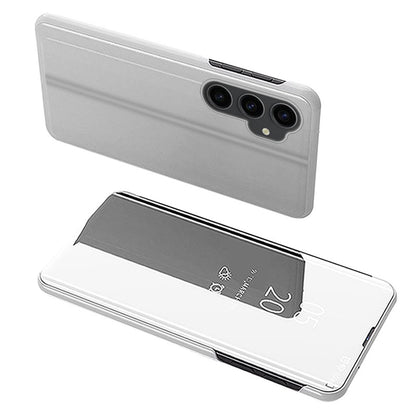 Mirror Surface Shell for Samsung Galaxy S23 FE , Electroplating View Window PU Leather Case Phone Stand Cover