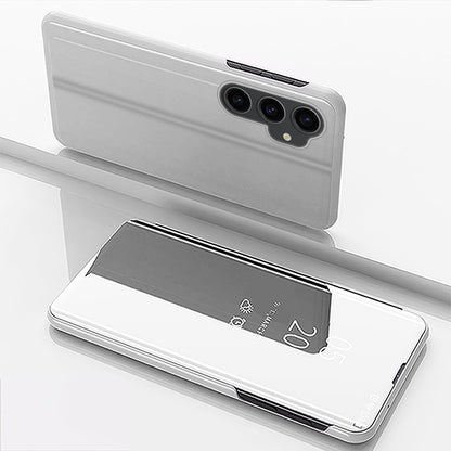 Mirror Surface Shell for Samsung Galaxy S23 FE , Electroplating View Window PU Leather Case Phone Stand Cover