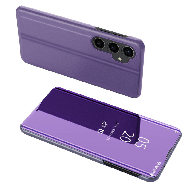 Mirror Surface Shell for Samsung Galaxy S23 FE , Electroplating View Window PU Leather Case Phone Stand Cover