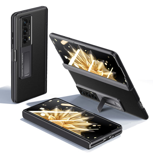For Honor Magic V2 5G PU Leather + PC Kickstand Phone Case Hinge Protection Skin-touch Cover with Clear Tempered Glass Film