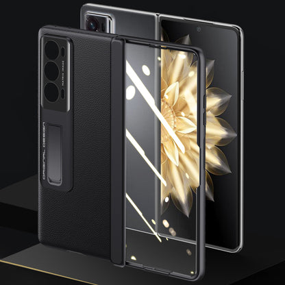 For Honor Magic V2 5G PU Leather + PC Kickstand Phone Case Hinge Protection Skin-touch Cover with Clear Tempered Glass Film
