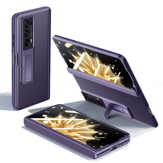 For Honor Magic V2 5G PU Leather + PC Kickstand Phone Case Hinge Protection Skin-touch Cover with Clear Tempered Glass Film