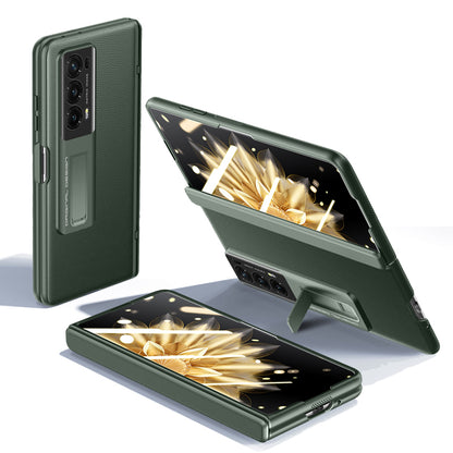 For Honor Magic V2 5G PU Leather + PC Kickstand Phone Case Hinge Protection Skin-touch Cover with Clear Tempered Glass Film