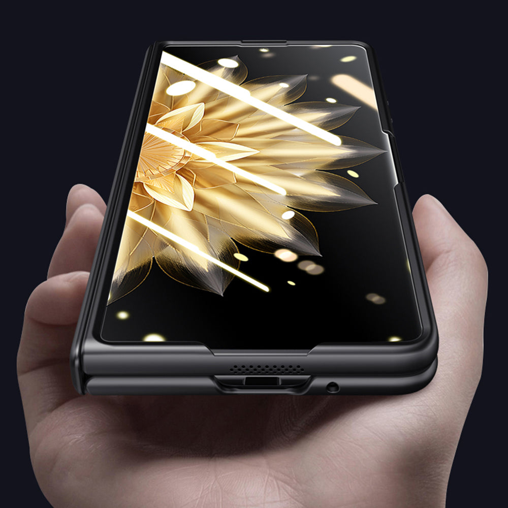 For Honor Magic V2 5G PU Leather + PC Kickstand Phone Case Hinge Protection Skin-touch Cover with Clear Tempered Glass Film