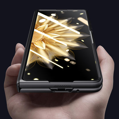 For Honor Magic V2 5G PU Leather + PC Kickstand Phone Case Hinge Protection Skin-touch Cover with Clear Tempered Glass Film