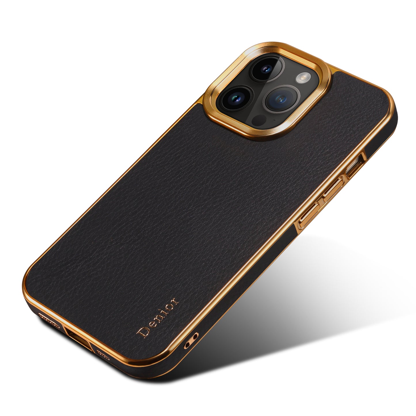 DENIOR Electroplating Phone Case for iPhone 12 / 12 Pro , Genuine Cow Leather Coated PC Non-Slip Grip Shockproof Cover