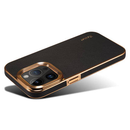 DENIOR Electroplating Phone Case for iPhone 12 / 12 Pro , Genuine Cow Leather Coated PC Non-Slip Grip Shockproof Cover