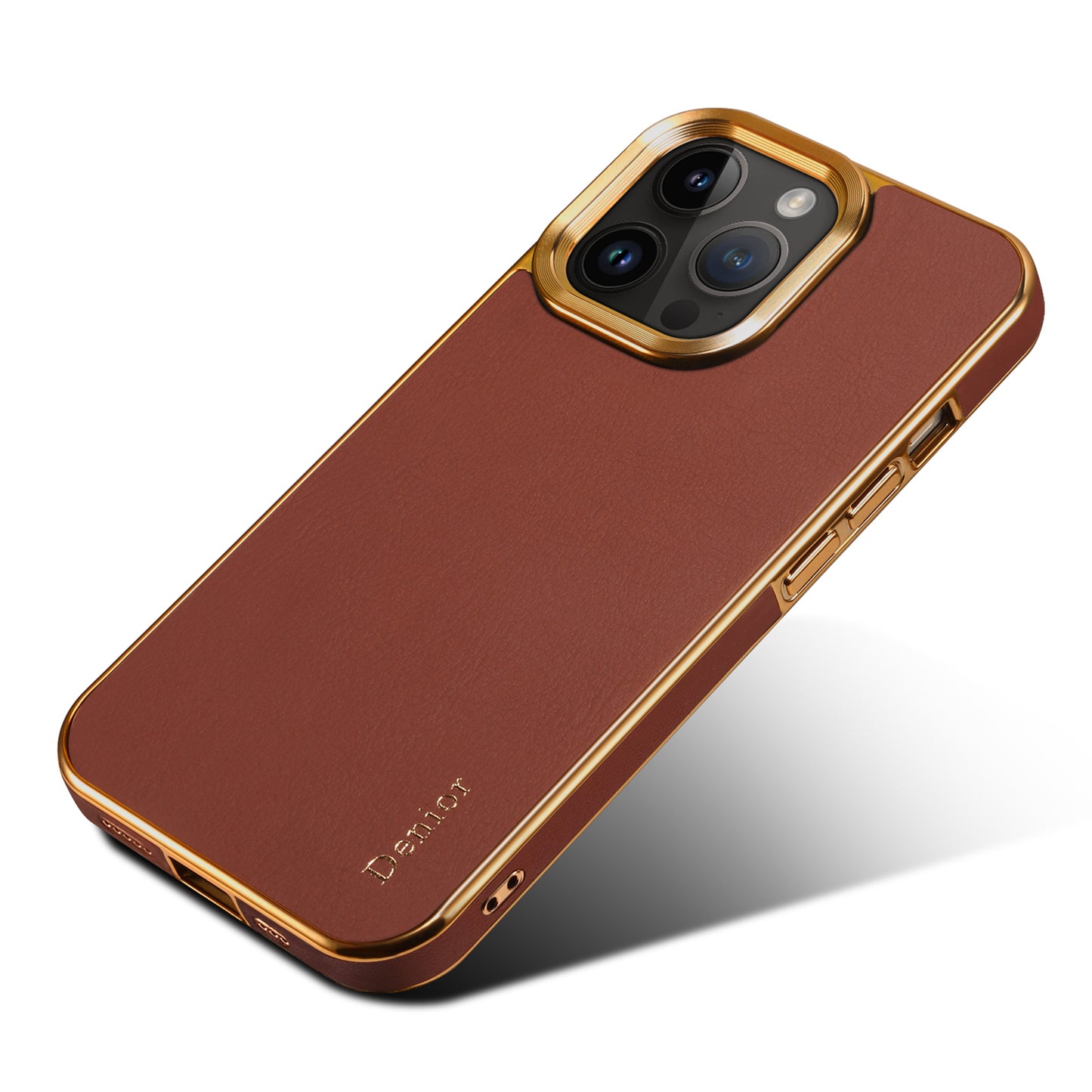 DENIOR Electroplating Phone Case for iPhone 12 / 12 Pro , Genuine Cow Leather Coated PC Non-Slip Grip Shockproof Cover