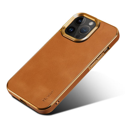 DENIOR Electroplating Phone Case for iPhone 12 / 12 Pro , Genuine Cow Leather Coated PC Non-Slip Grip Shockproof Cover