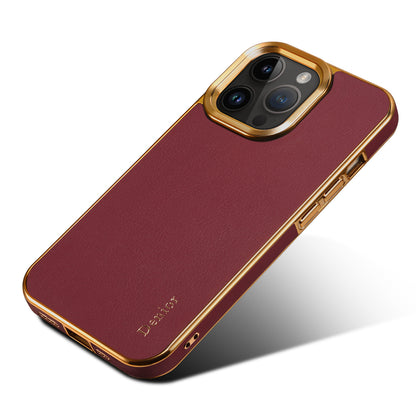 DENIOR Electroplating Phone Case for iPhone 12 / 12 Pro , Genuine Cow Leather Coated PC Non-Slip Grip Shockproof Cover