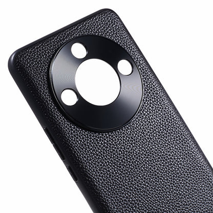 For Honor X50 Genuine Cow Leather Coated PC+TPU Case Metal Camera Frame Litchi Texture Phone Cover