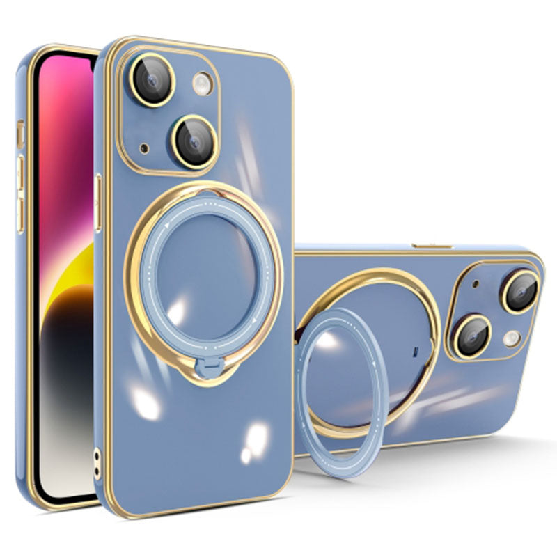 For iPhone 15 Kickstand Phone Case Soft TPU Electroplating Cover with Lens Protector