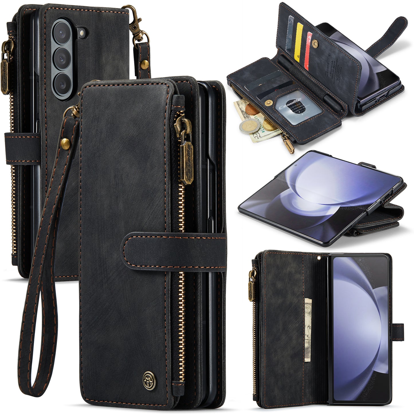 CASEME C30 Series for Samsung Galaxy Z Fold5 5G Zipper Pocket Phone Case 5 Card Slots Leather Cover with Pen Holder