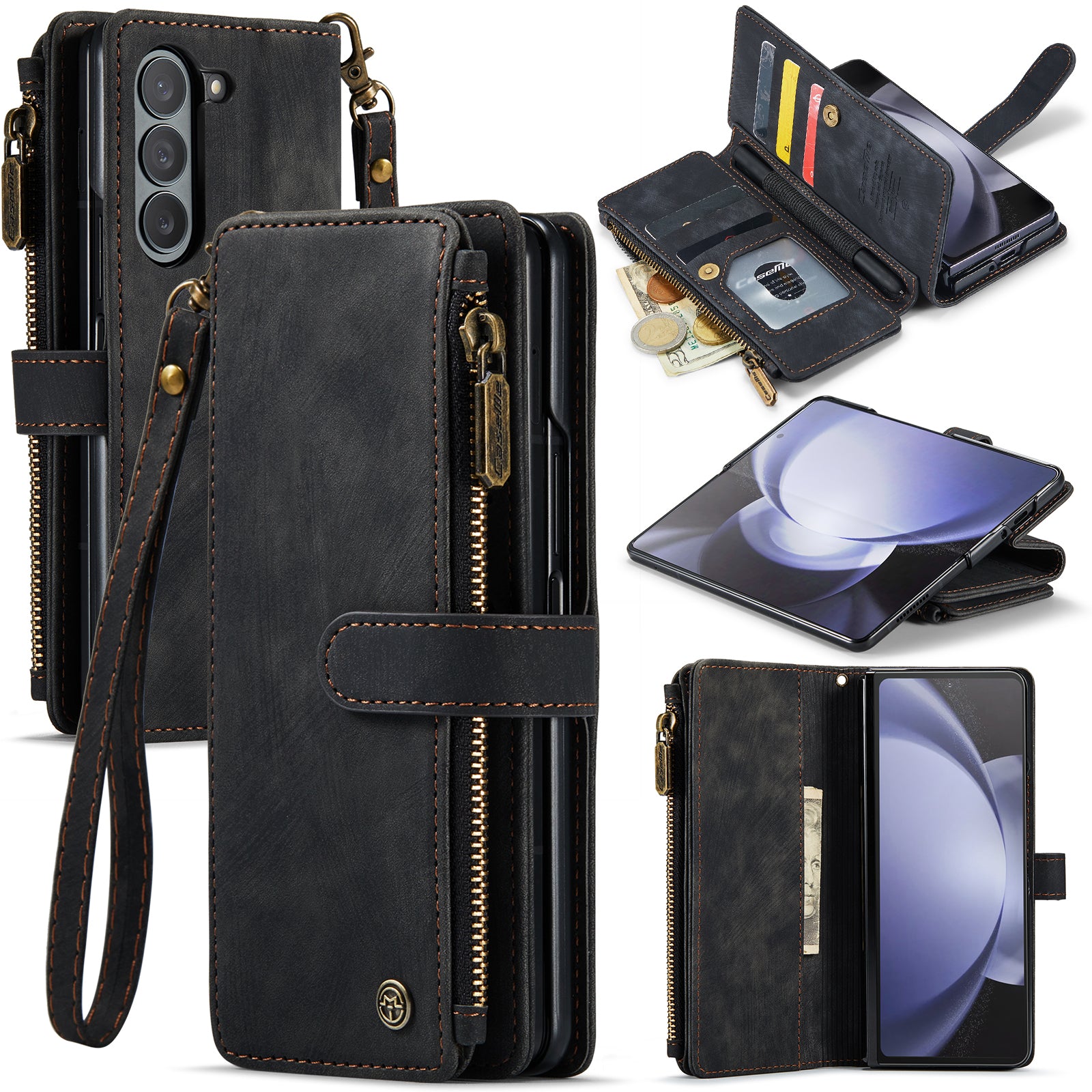 CASEME C30 Series for Samsung Galaxy Z Fold5 5G Zipper Pocket Phone Case 5 Card Slots Leather Cover with Pen Holder