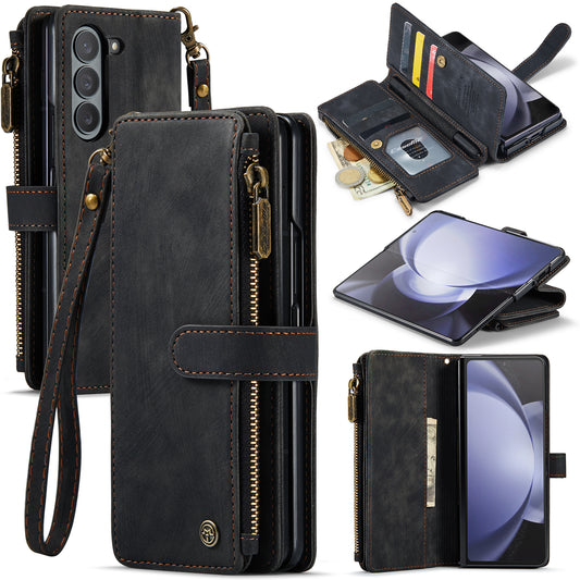 CASEME C30 Series for Samsung Galaxy Z Fold5 5G Zipper Pocket Phone Case 5 Card Slots Leather Cover with Pen Holder
