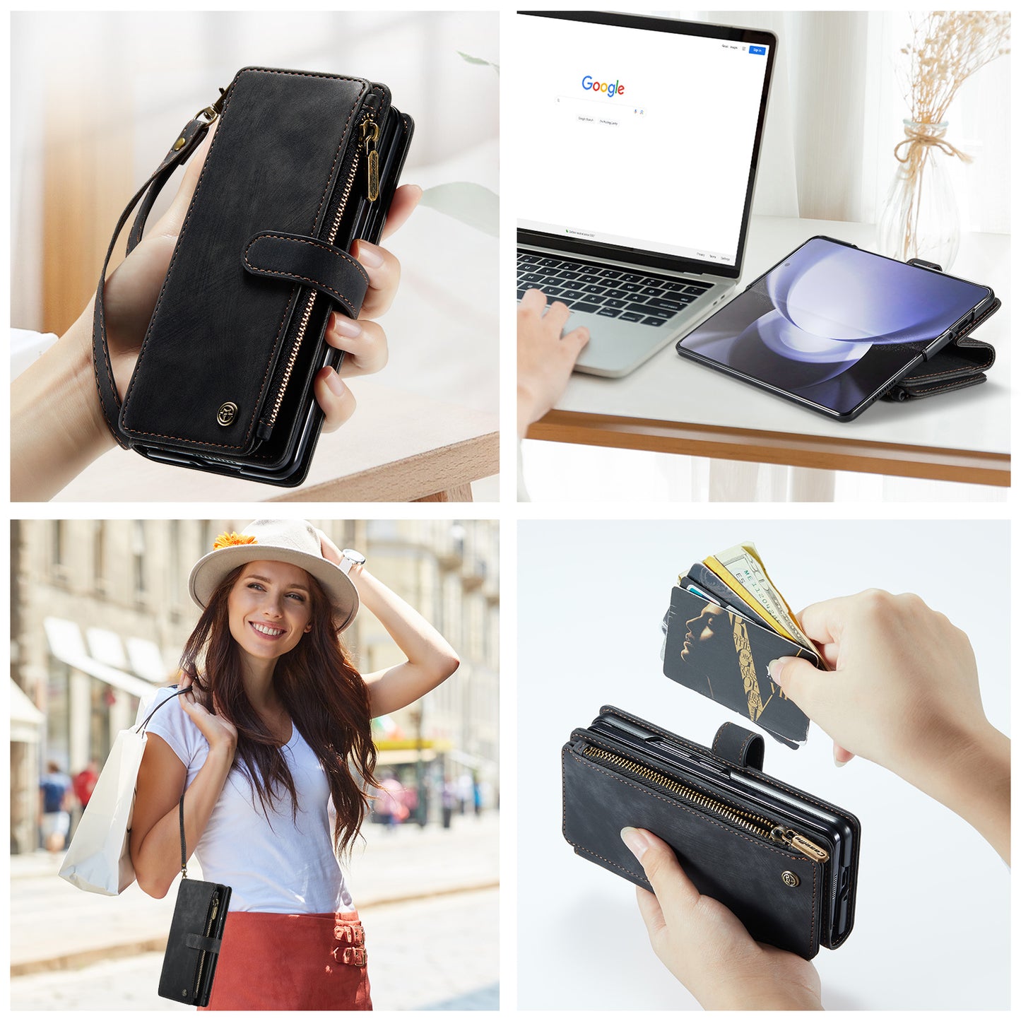 CASEME C30 Series for Samsung Galaxy Z Fold5 5G Zipper Pocket Phone Case 5 Card Slots Leather Cover with Pen Holder