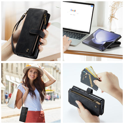 CASEME C30 Series for Samsung Galaxy Z Fold5 5G Zipper Pocket Phone Case 5 Card Slots Leather Cover with Pen Holder