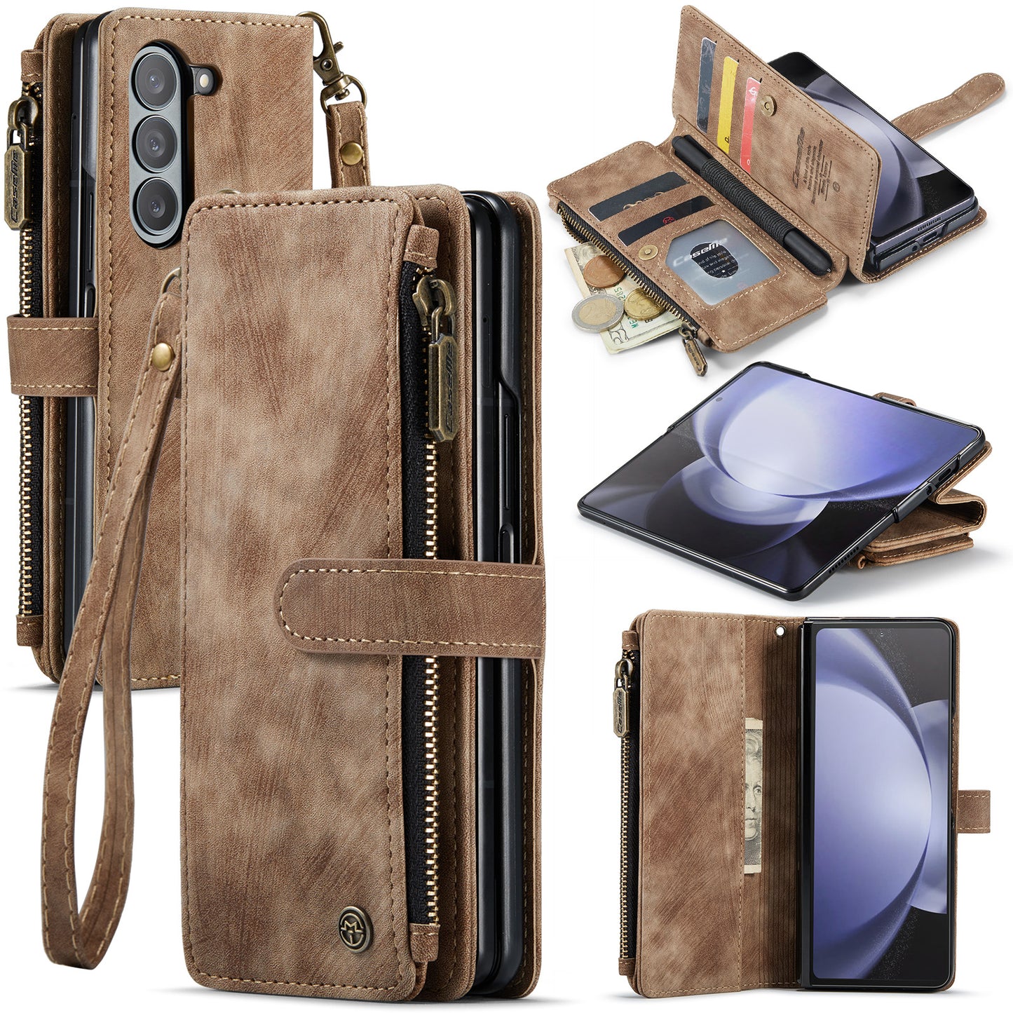 CASEME C30 Series for Samsung Galaxy Z Fold5 5G Zipper Pocket Phone Case 5 Card Slots Leather Cover with Pen Holder