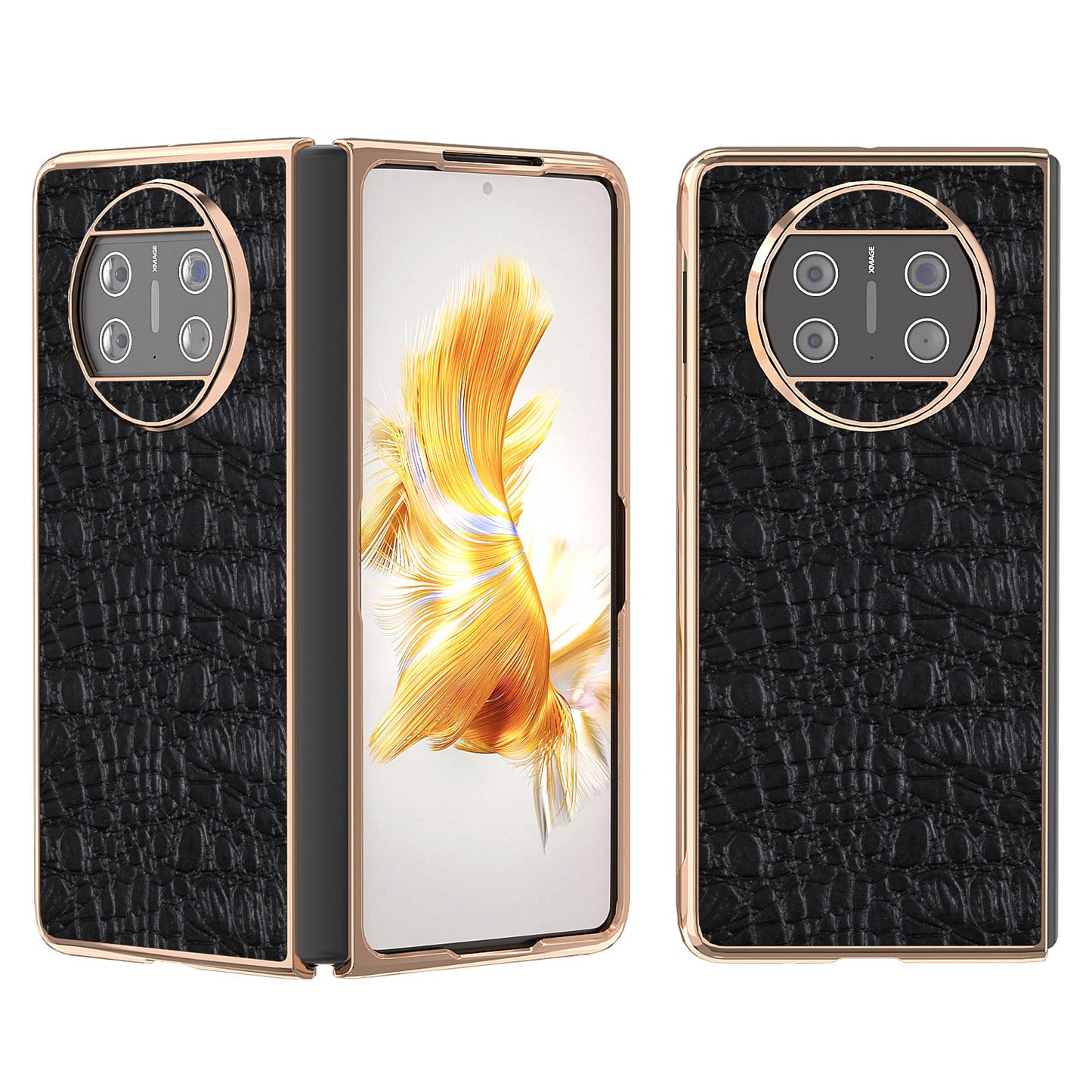 For Huawei Mate X3 5G Electroplating Phone Case Genuine Cow Leather Coated PC Canopy Texture Anti-Fall Cover