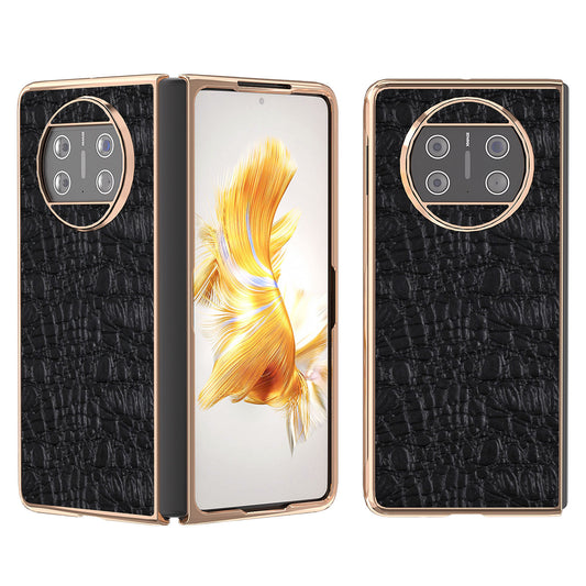 For Huawei Mate X3 5G Electroplating Phone Case Genuine Cow Leather Coated PC Canopy Texture Anti-Fall Cover
