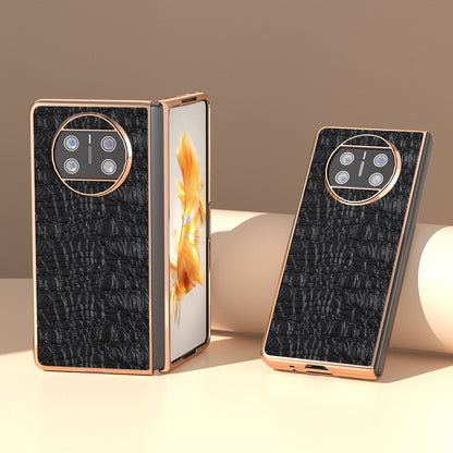 For Huawei Mate X3 5G Electroplating Phone Case Genuine Cow Leather Coated PC Canopy Texture Anti-Fall Cover
