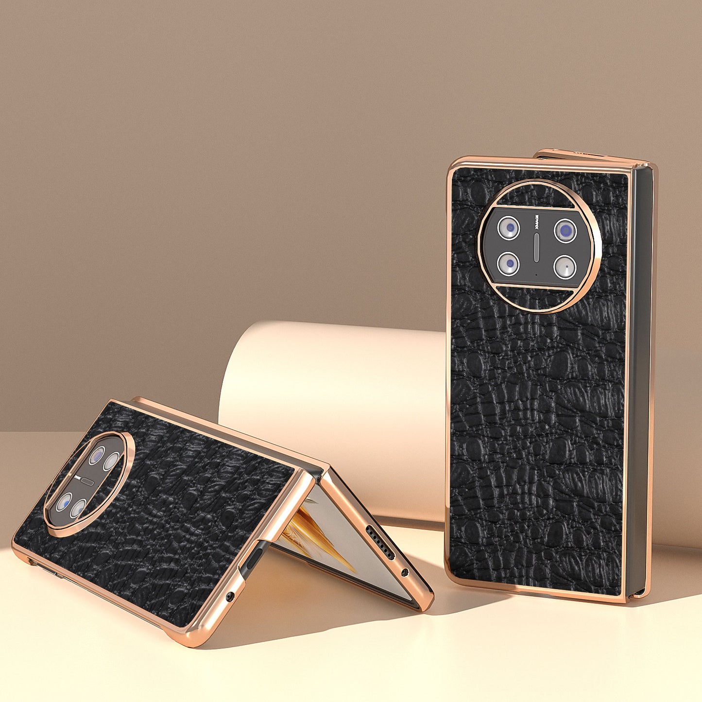 For Huawei Mate X3 5G Electroplating Phone Case Genuine Cow Leather Coated PC Canopy Texture Anti-Fall Cover