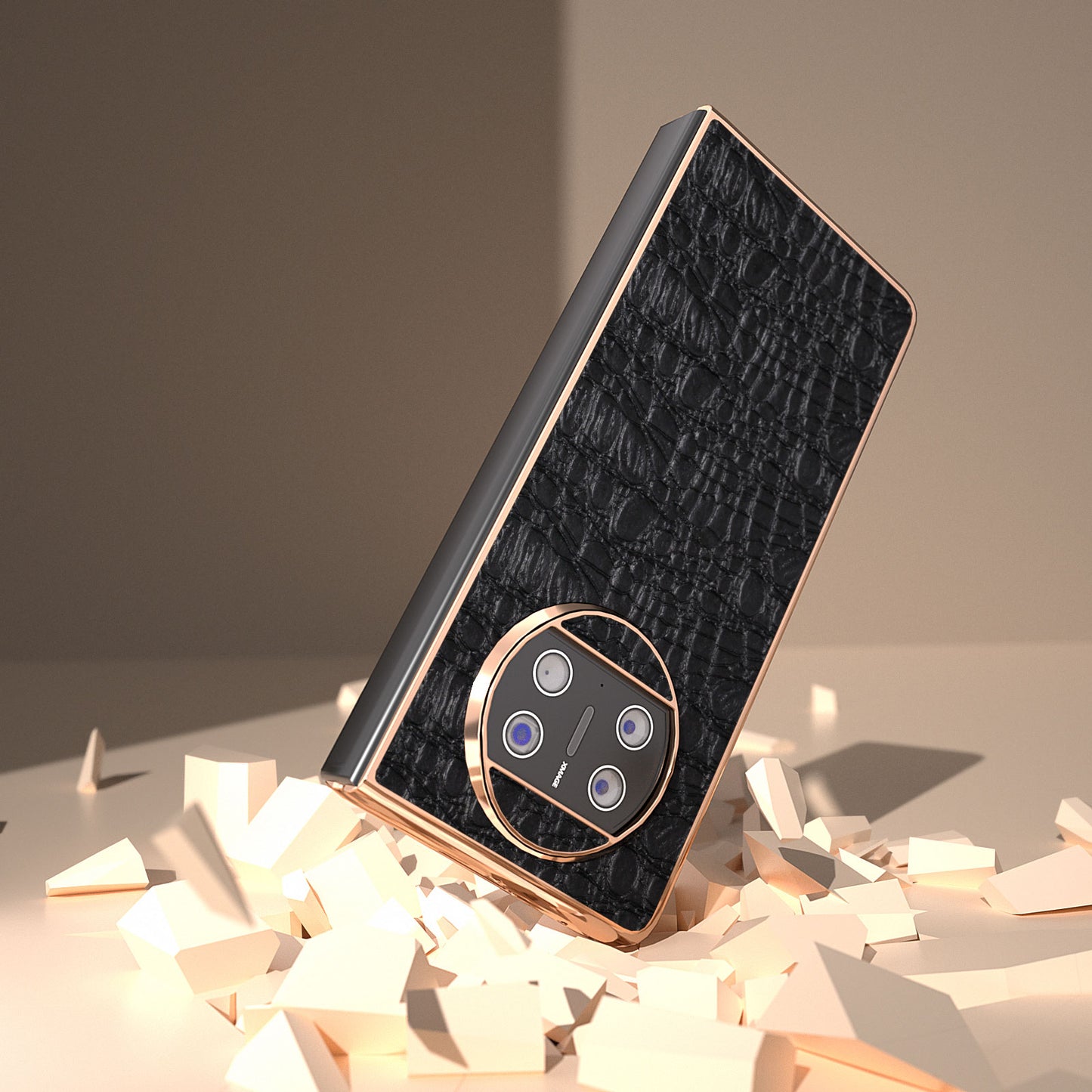 For Huawei Mate X3 5G Electroplating Phone Case Genuine Cow Leather Coated PC Canopy Texture Anti-Fall Cover